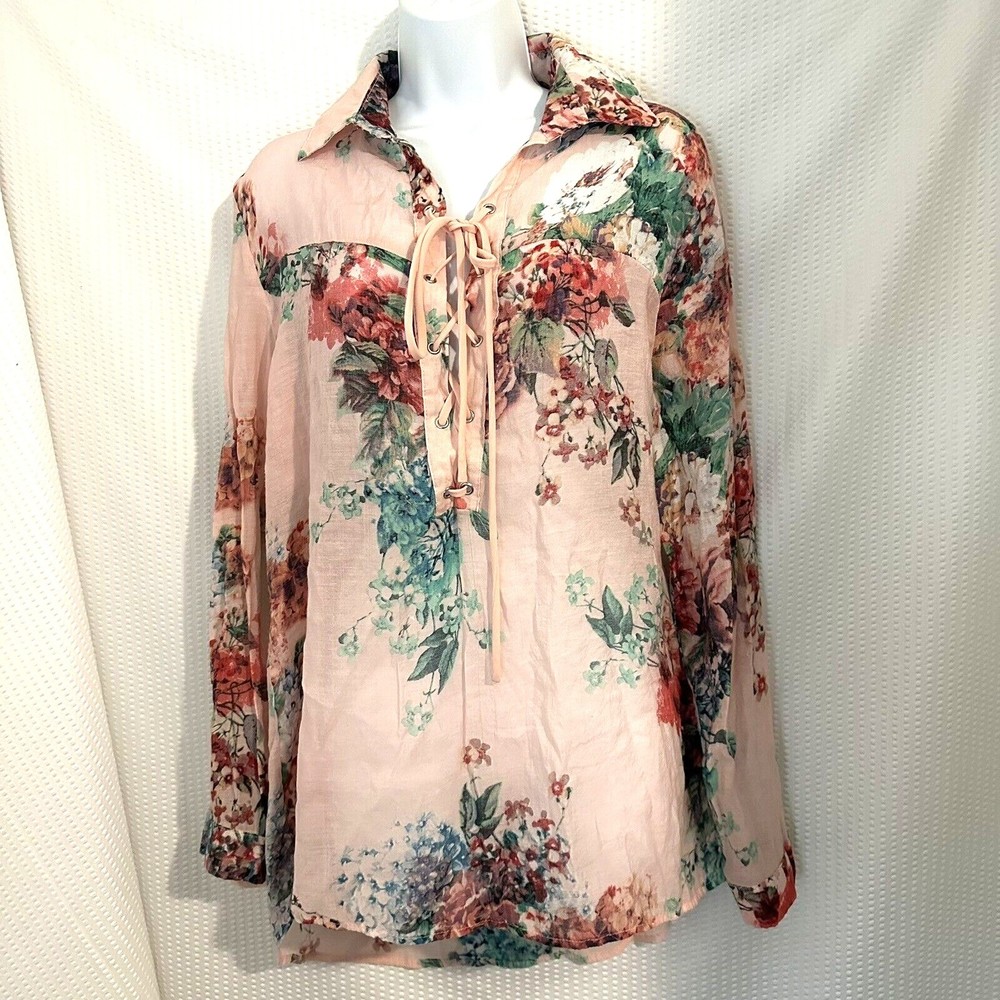 BD Collection Pink Floral Lace Up Front Boho Top Pink With Floral Design Size XL